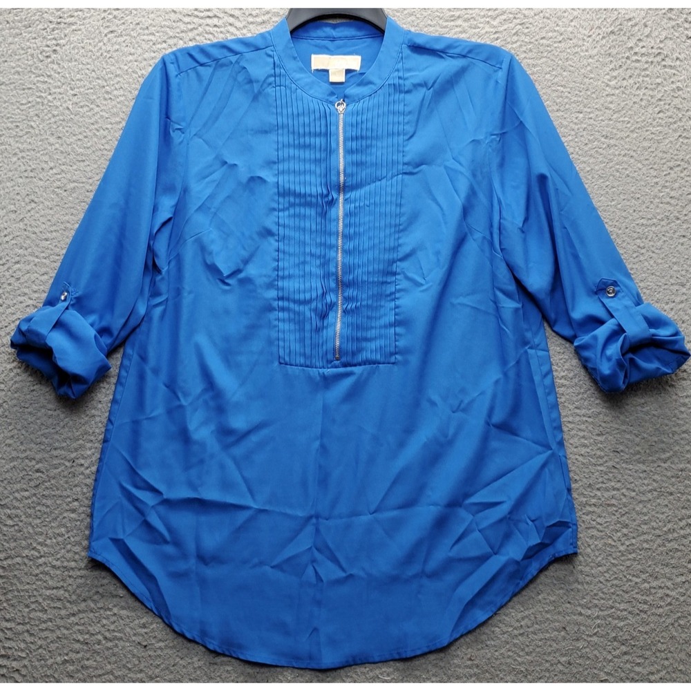 Michael Kors Tunic Top Womens L Blue Pintuck Detail Roll Tab Sleeve Front Zip
